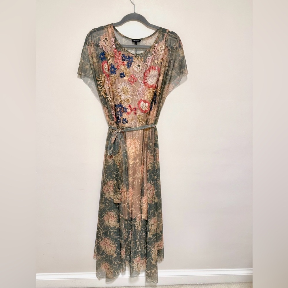 Sundance Tolani Floral Embroidered maxi midi Dress with Sheer Overlay